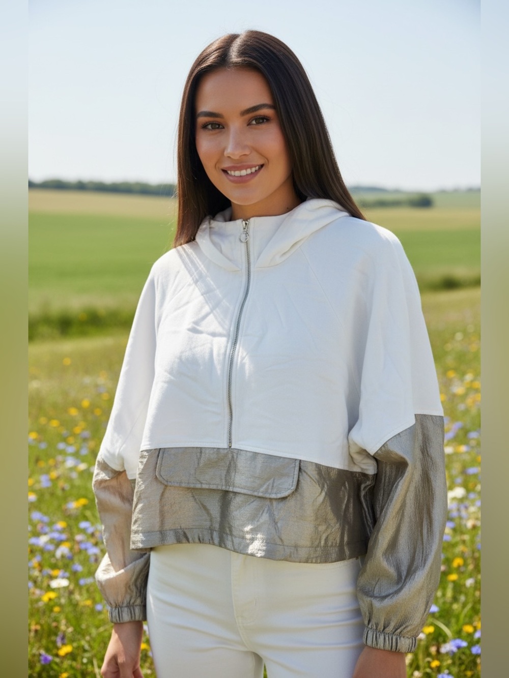 Zara White & Dark Gold Hooded Pullover Jacket Size XL